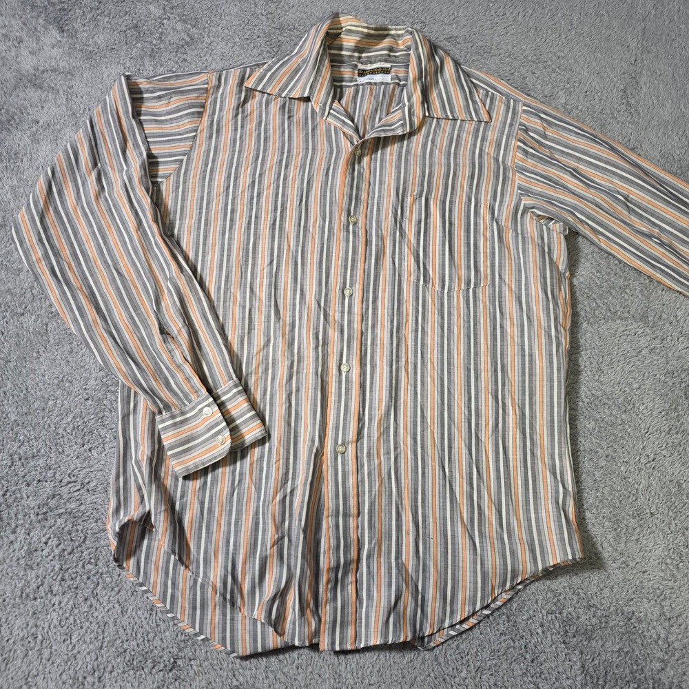 National Shirt Shops Mens XL Button Down Grey Orange Striped Vintage 70s Shaped